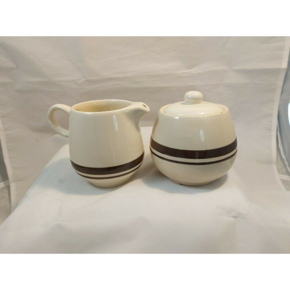 Vintage McCoy CREAMER & SUGAR BOWL w/Lid Set Brown Stripes,1970s, 1 Owner - Picture 2 of 8